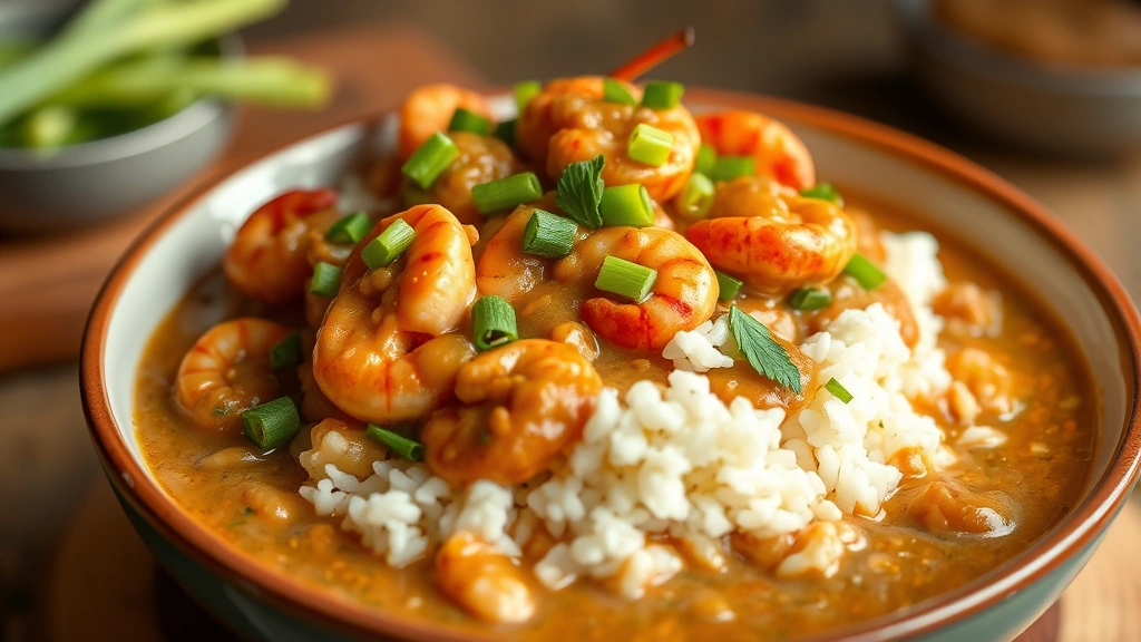 hero: bowl of cajun crawfish etouffee served over white rice, garnished with green onions and parsley, creamy brown sauce, photorealistic, warm natural lighting, shallow depth of field, no text