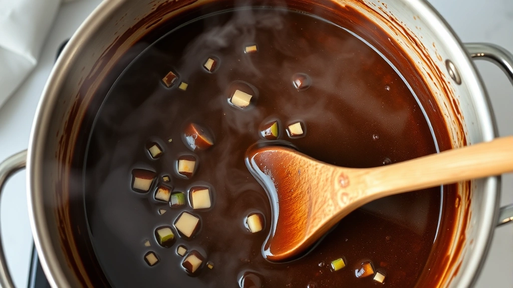 process: dark chocolate brown roux being stirred in pot with diced vegetables, steam rising, wooden spoon, overhead angle, photorealistic, bright natural light, no text