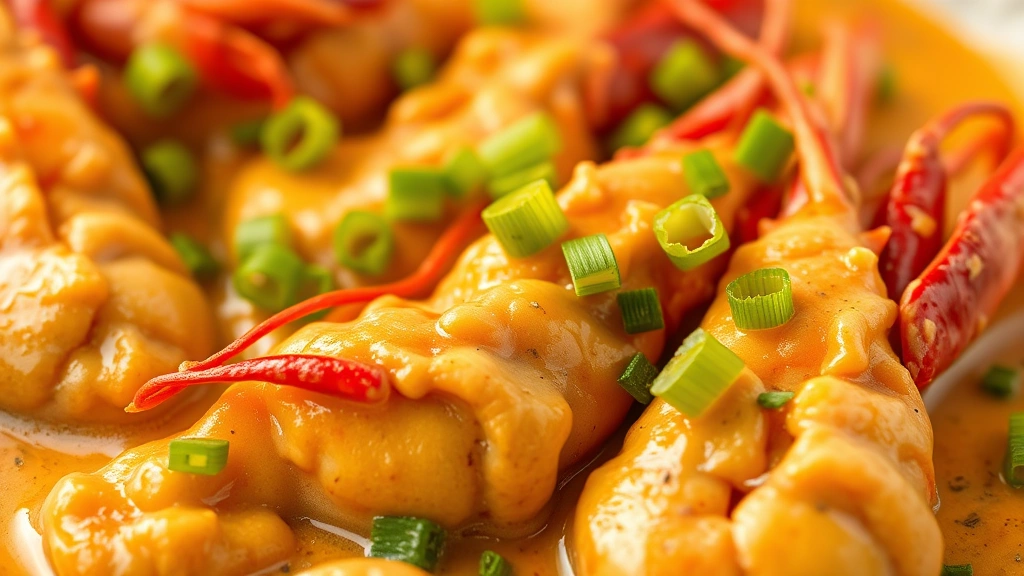 detail: close-up of crawfish tails in rich creamy etouffee sauce with fresh green onion garnish, shallow depth of field, photorealistic, warm golden lighting, no text