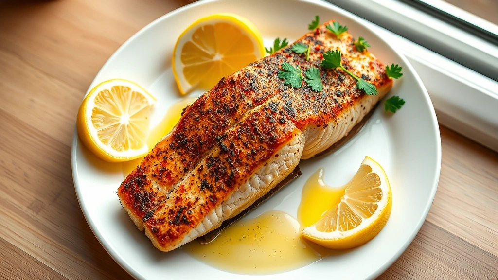hero: perfectly seared Cajun salmon fillet with crispy spiced skin, golden butter pooling around it, fresh lemon wedges and parsley garnish on white plate, natural window light, overhead shot, no text