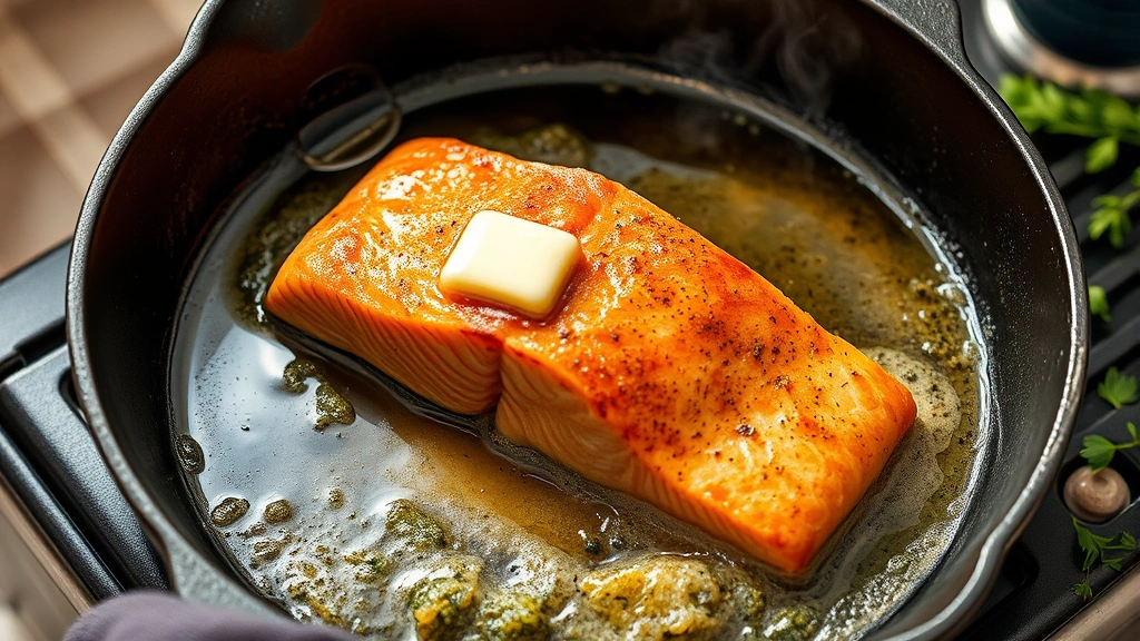process: salmon fillet sizzling in cast-iron skillet with butter, golden crust forming, steam rising, fresh herbs nearby, natural kitchen light, action shot, no text