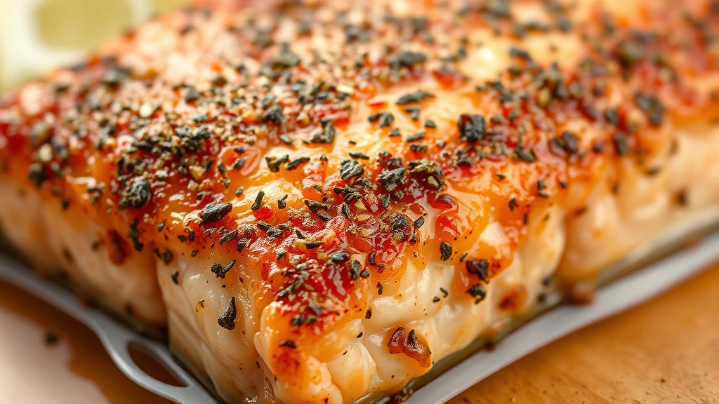 detail: close-up of Cajun spiced salmon skin showing golden-brown crispy texture with herbs, flaky flesh inside, rich buttery sauce, shallow depth of field, natural light, no text