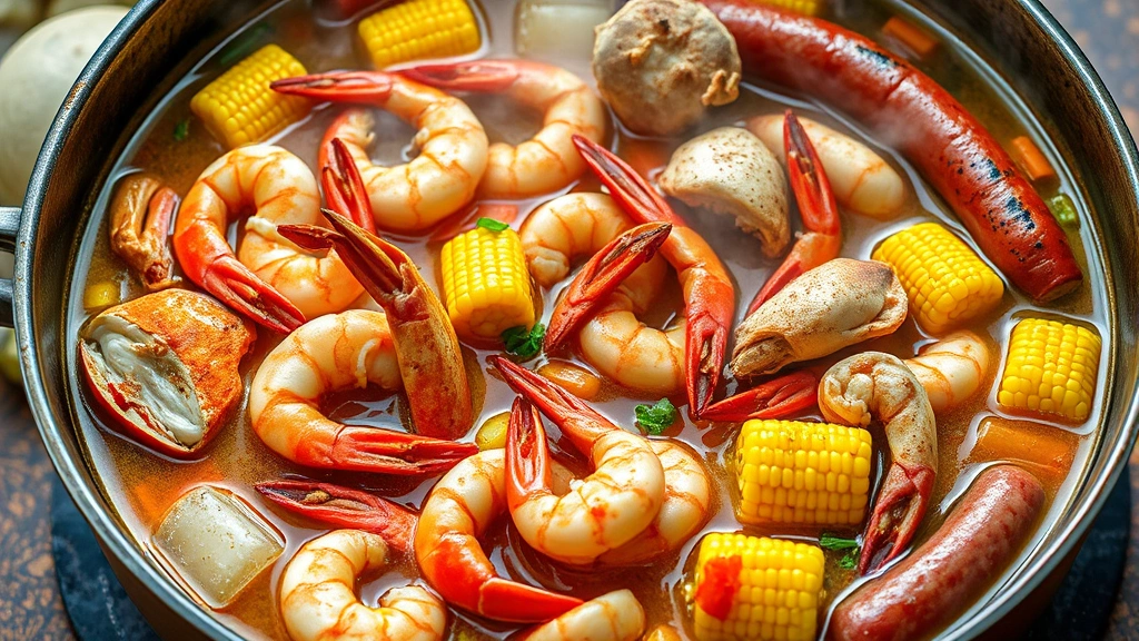 hero: vibrant cajun seafood boil in a large pot with shrimp, crab legs, corn, potatoes, and andouille sausage in spiced broth, photorealistic, steaming, natural daylight, overhead angle, no text