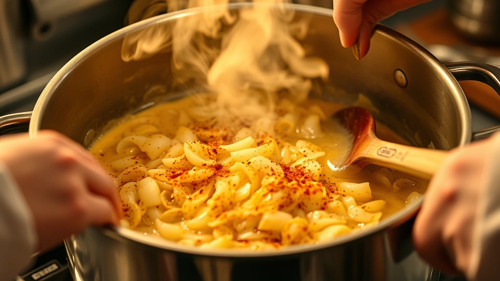process: chef's hands stirring sautéed garlic and onions in melted butter with paprika and cajun spices in large pot, photorealistic, golden steam rising, natural kitchen light, no text