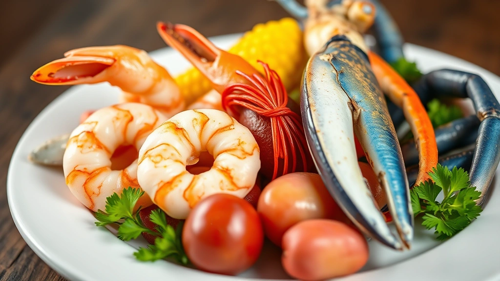 detail: close-up of perfectly cooked pink shrimp, golden corn, red potatoes, and blue crab legs arranged on white plate with fresh parsley garnish, photorealistic, shallow depth of field, natural light, no text