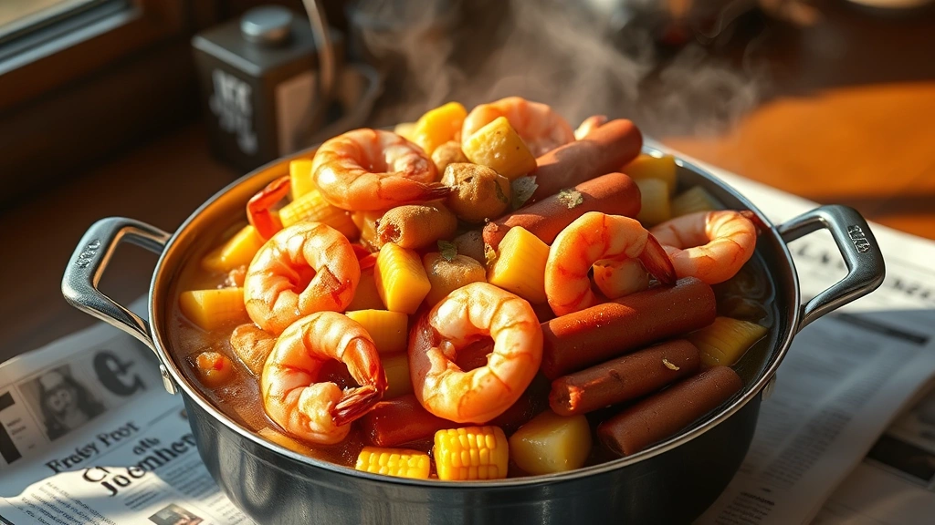 hero: overflowing pot of Cajun shrimp boil with pink shrimp, yellow corn, red potatoes, and kielbasa sausage in aromatic broth, served on newspaper, photorealistic, natural sunlight streaming from side, steaming hot, no text