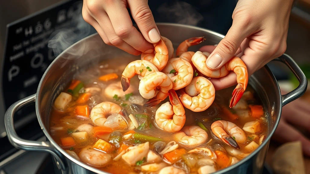 process: hands adding fresh pink shrimp to bubbling Cajun broth in large pot, other seafood and vegetables visible, action shot, photorealistic, natural kitchen light, steam rising, no text