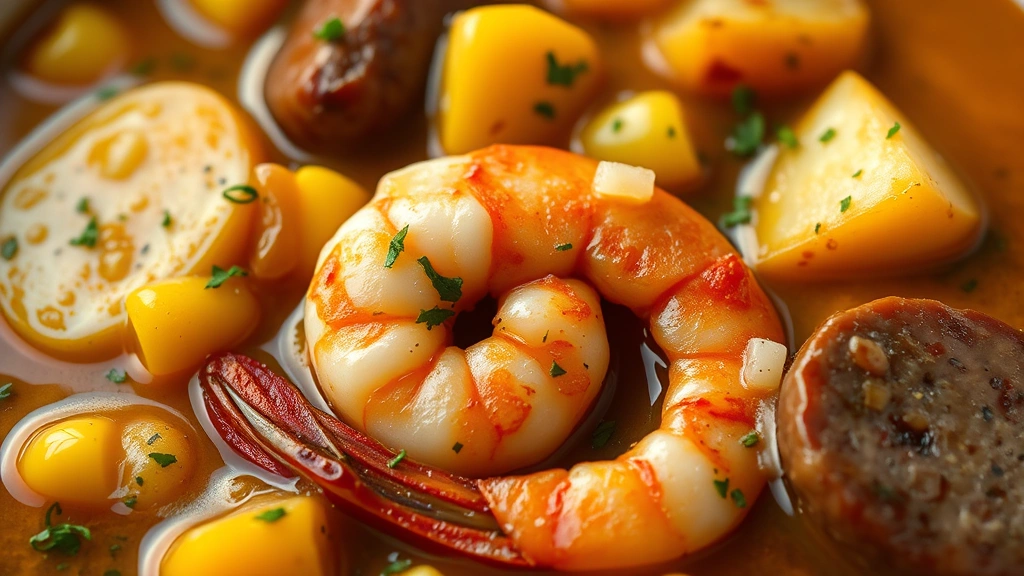 detail: close-up of individual cooked shrimp with corn, potato, and sausage slice in rich golden Cajun broth with herbs, photorealistic, shallow depth of field, natural light, no text