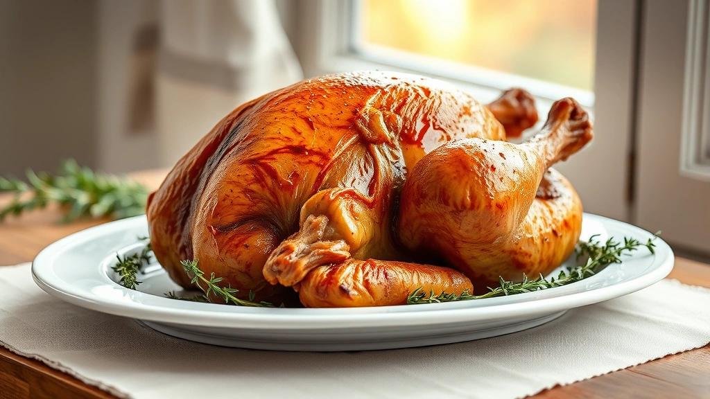 hero: whole roasted Cajun turkey on white platter, golden-brown crispy skin, garnished with fresh thyme sprigs, warm natural window light, shallow depth of field, no text or watermarks