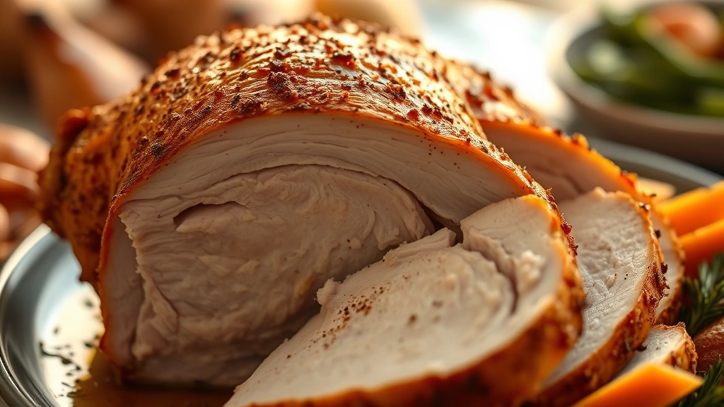 detail: close-up of carved turkey breast showing juicy interior, crispy Cajun-spiced skin on top, serving platter background blurred, warm golden hour lighting, professional food photography, no text