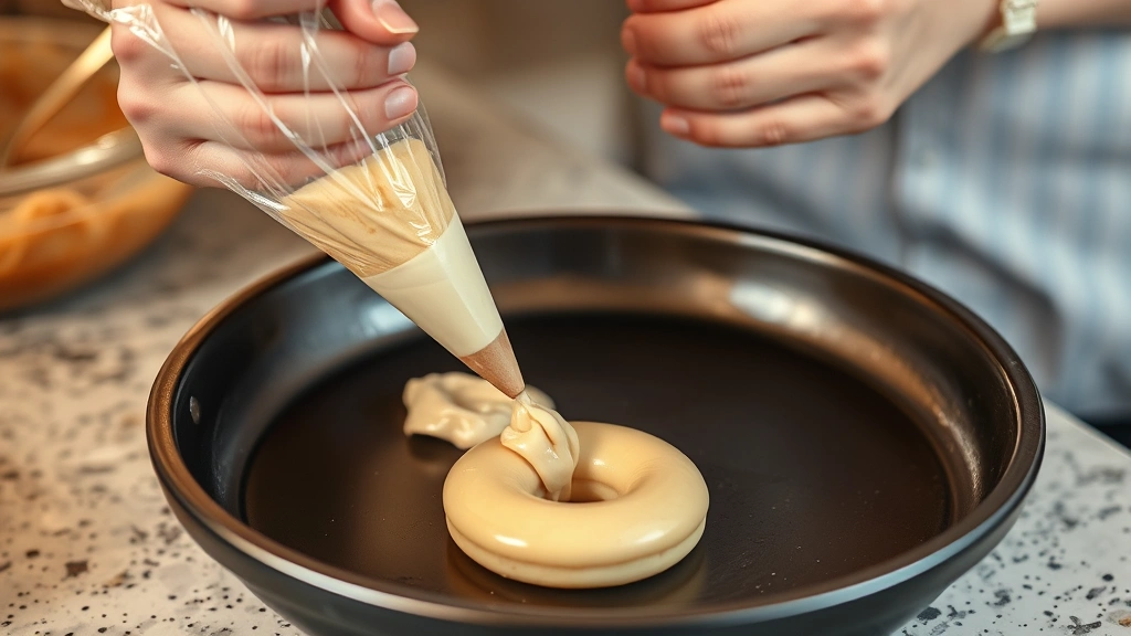 process: hands piping donut batter into nonstick pan, close-up action shot, warm kitchen lighting, batter visible in piping bag