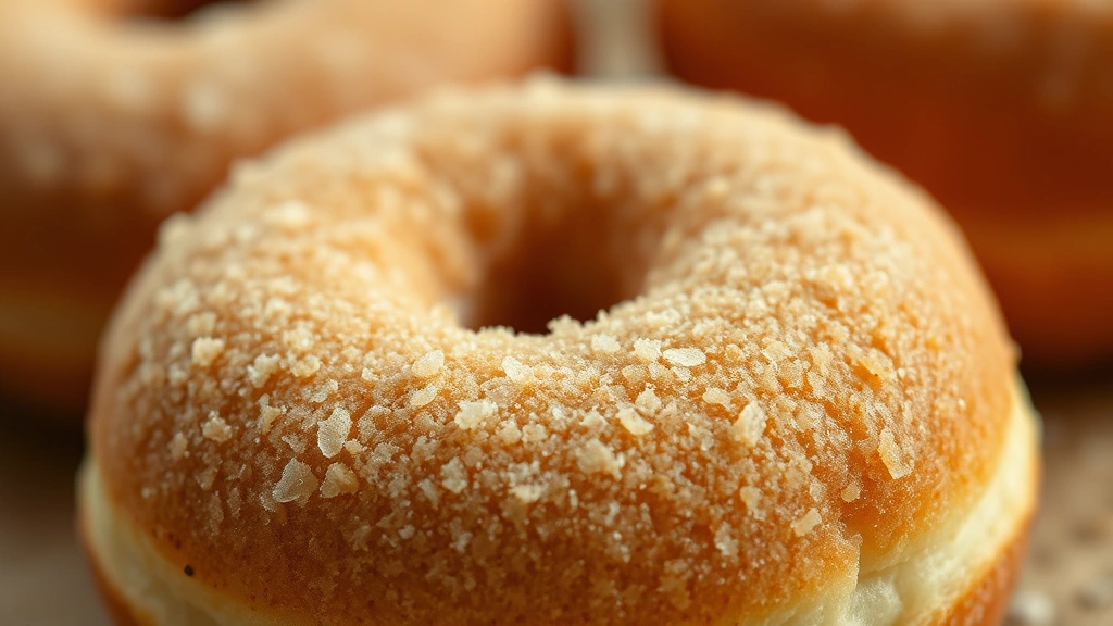 detail: close-up macro of single cinnamon sugar donut showing tender crumb texture, golden brown exterior, warm natural light, no people visible