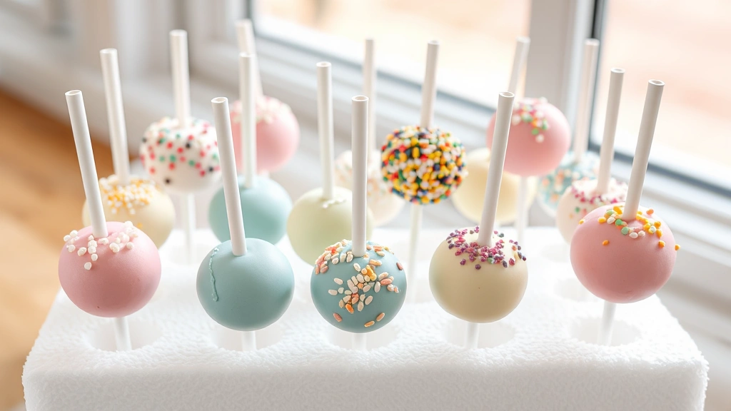 hero: Finished cake pops on sticks arranged in a styrofoam block, various pastel colors with sprinkles, natural window lighting, bright and cheerful, no text