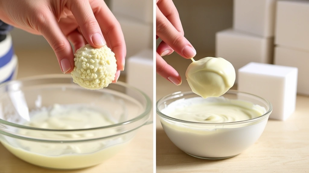 process: Hands dipping a frozen cake ball into melted white chocolate coating, melted candy in bowl, styrofoam block in background, natural kitchen lighting, action shot, no text