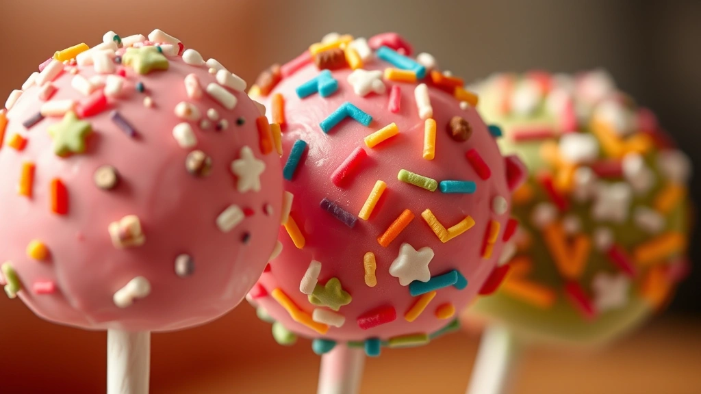 detail: Close-up of three colorful cake pops with different decorative sprinkles and toppings, shallow depth of field, warm natural light, no text