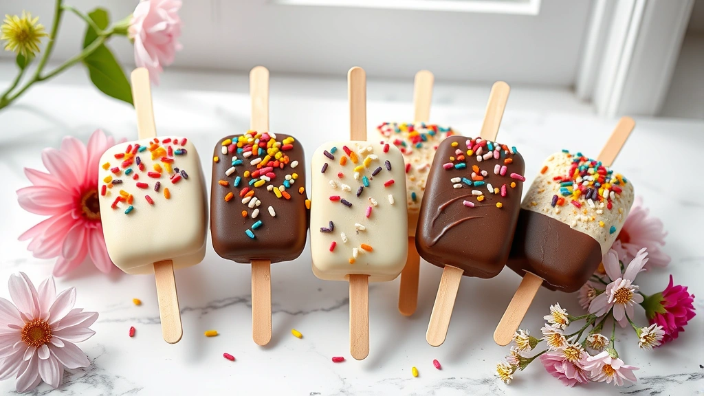 hero: beautiful assorted cake popsicles dipped in white, dark, and milk chocolate with colorful sprinkles on top, arranged on a white marble surface with fresh flowers nearby, photorealistic, natural window light, no text, professional food photography