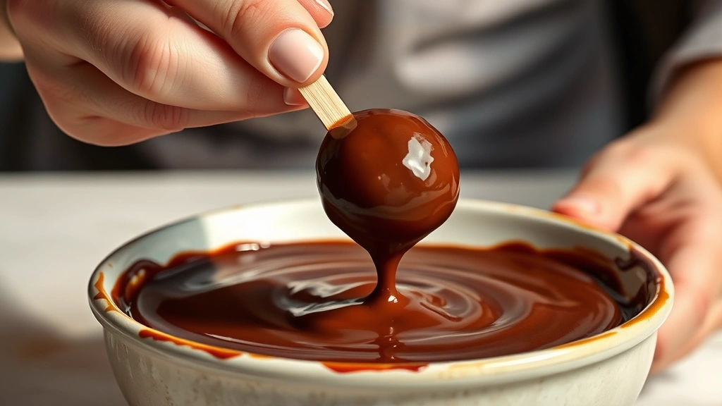 process: hands dipping a cake ball into melted chocolate, holding wooden stick, close-up action shot, melted chocolate dripping, photorealistic, bright natural light, no text