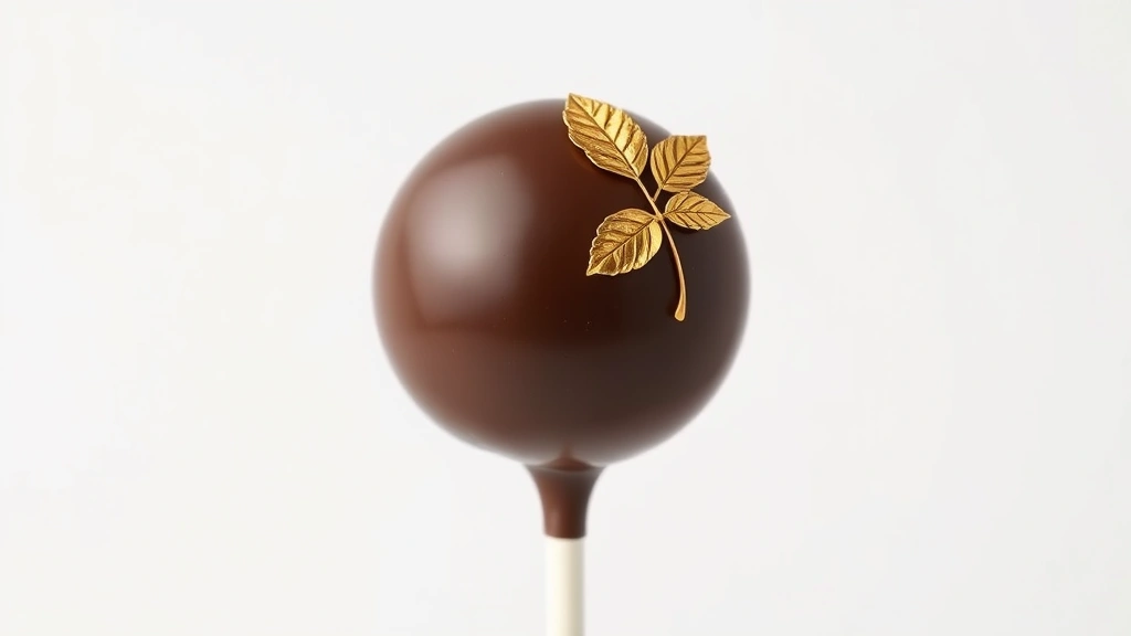 detail: single elegant cake pop with smooth chocolate coating and delicate gold leaf decoration, sitting upright in white background, photorealistic, studio lighting, macro photography, no text