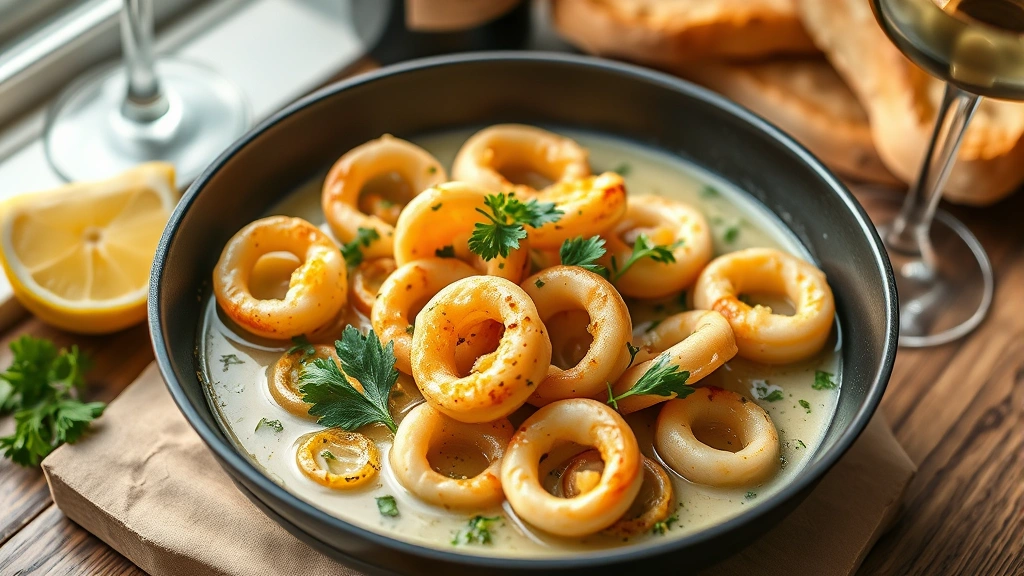 hero: golden pan-seared calamari rings in glossy white wine garlic sauce with fresh parsley and lemon zest, shallow depth of field, warm natural window lighting, crusty bread and wine glass beside, overhead 45-degree angle, photorealistic, no text