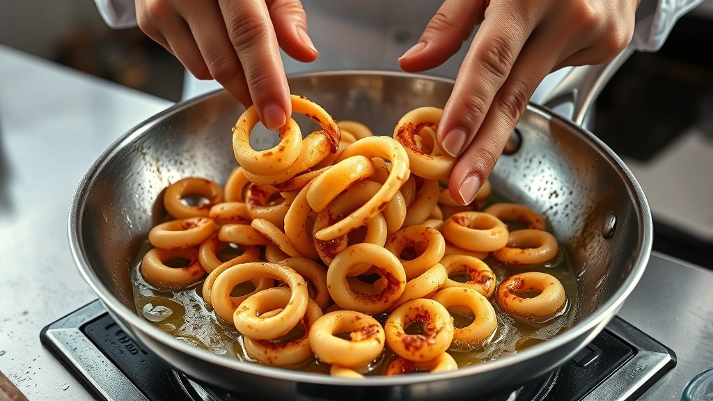 process: chef's hands flipping golden calamari in hot stainless steel skillet with shimmering oil, garlic slices visible, steam rising, natural kitchen lighting, action shot, photorealistic, no text