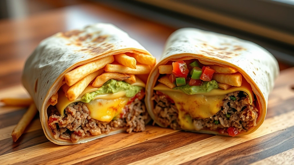 hero: California burrito cut in half showing layers of carne asada, crispy french fries, guacamole, melted cheese, and pico de gallo, photorealistic, natural daylight from window, wooden serving board, no text