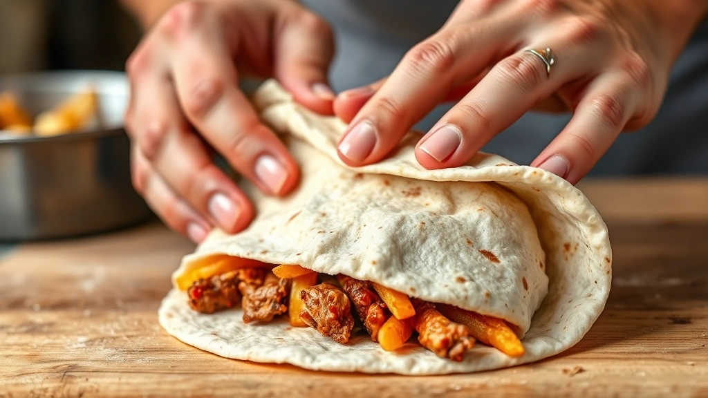 process: hands wrapping a flour tortilla burrito with visible fillings including meat and fries, photorealistic, natural kitchen lighting, close-up action shot, no text