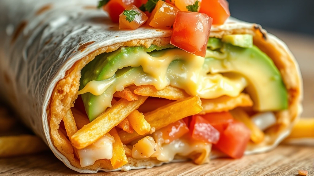detail: close-up cross-section of California burrito showing distinct layers of ingredients, crispy golden fries visible, melted cheese, creamy avocado, fresh pico de gallo, photorealistic macro photography, natural light, no text