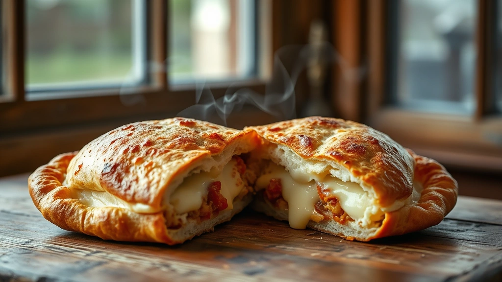 hero: golden-brown baked calzone with crispy crust, steam rising, cut in half showing melted cheese and filling inside, natural window light, rustic wooden table, no text or watermarks