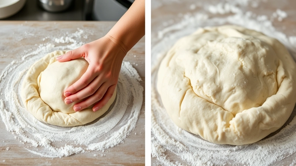 process: hands kneading smooth calzone dough on floured work surface, close-up of dough texture and technique, natural kitchen lighting, no text or watermarks
