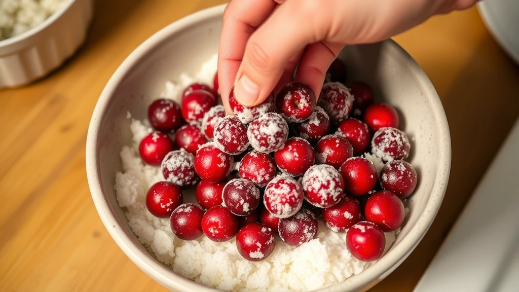 process: hand rolling fresh cooked cranberries in coarse sugar mixture in shallow bowl, sugar coating visible, mid-action shot, warm kitchen lighting, no text, 16:9 ratio