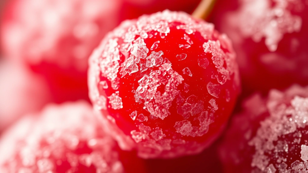 detail: extreme close-up of single candied cranberry showing crystalline sugar coating texture, shallow depth of field, backlit to show translucency, no text, square ratio