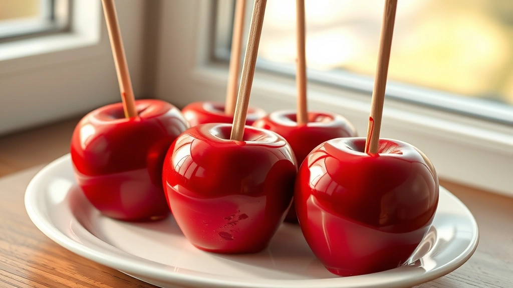hero: glossy red candy apples with wooden sticks on white plate, photorealistic, natural window light, sharp focus, no text