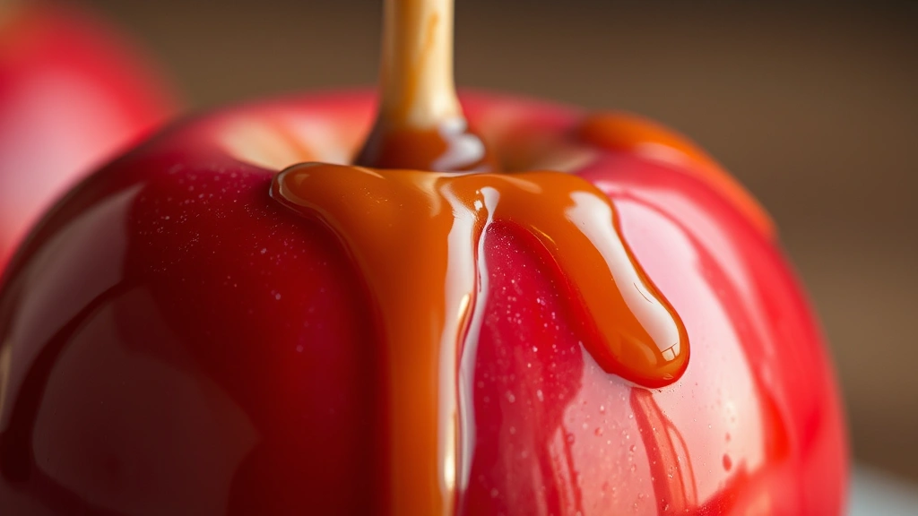detail: close-up of candy apple showing crispy coating texture and caramel drip, photorealistic, macro photography, natural light, no text