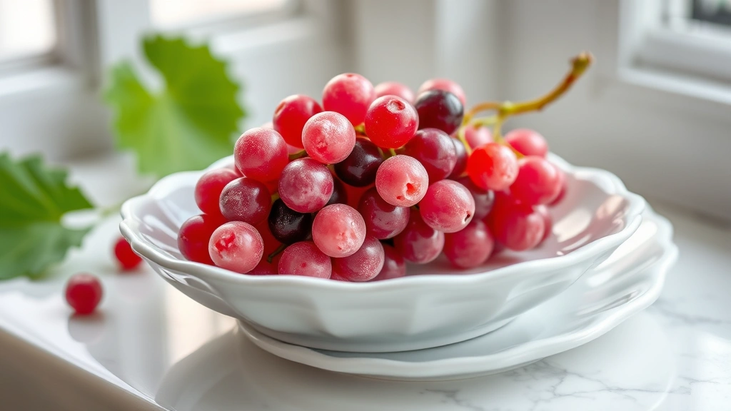 hero: colorful candy grapes on white ceramic plate, vibrant red pink purple and green candy coatings, photorealistic, natural daylight from window, no text, elegant styling
