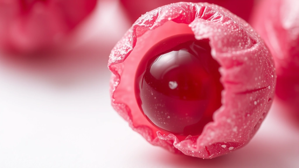 detail: close-up of single candy grape showing crispy candy shell texture and juicy grape inside, macro photography, natural light, no text