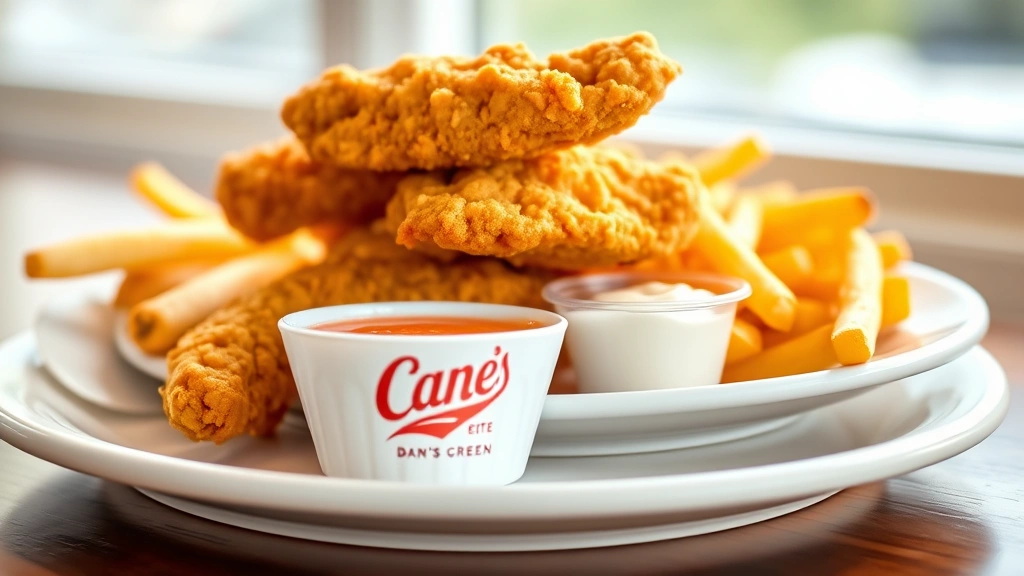hero: golden crispy chicken tenders stacked on white plate with Cane's sauce in small container and fries, photorealistic, natural window light, no text