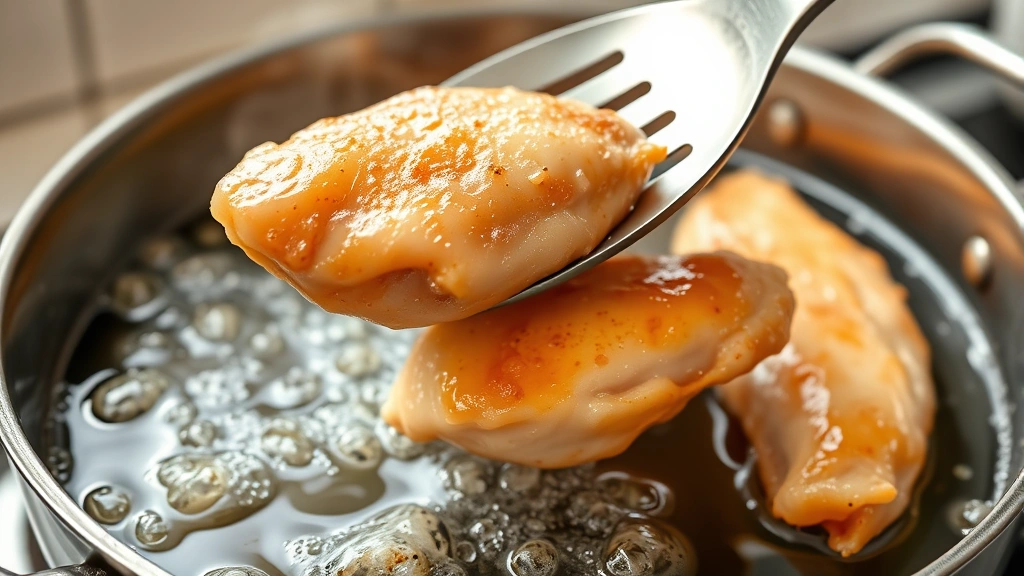 process: chicken tenders being lowered into bubbling hot oil with slotted spoon, oil splashing, photorealistic, bright kitchen light, no text