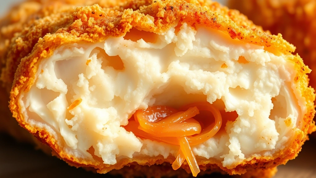 detail: close-up macro of cross-section of single chicken tender showing juicy interior and crispy golden breading, photorealistic, natural light, no text