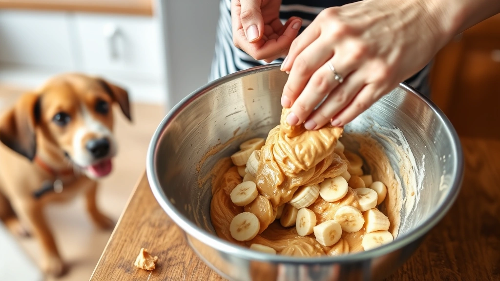 process: hands mixing peanut butter and mashed bananas in a stainless steel bowl, dog watching nearby, bright kitchen lighting, action shot of cake preparation, no text