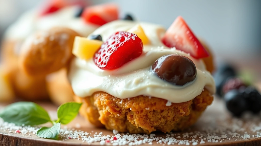 detail: close-up of frosted dog cake with yogurt frosting and fresh fruit toppings, shallow depth of field, natural daylight, professional food photography style, no text