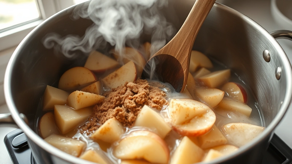 process: large stainless steel pot with apple slices and cinnamon-sugar mixture being stirred with wooden spoon, steam rising, natural window light, close-up of the bubbling filling