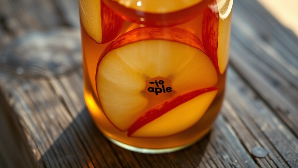 detail: extreme close-up of filled jar showing individual apple slices suspended in glossy amber filling, macro photography, jar sitting on rustic wood surface with natural light highlighting the texture
