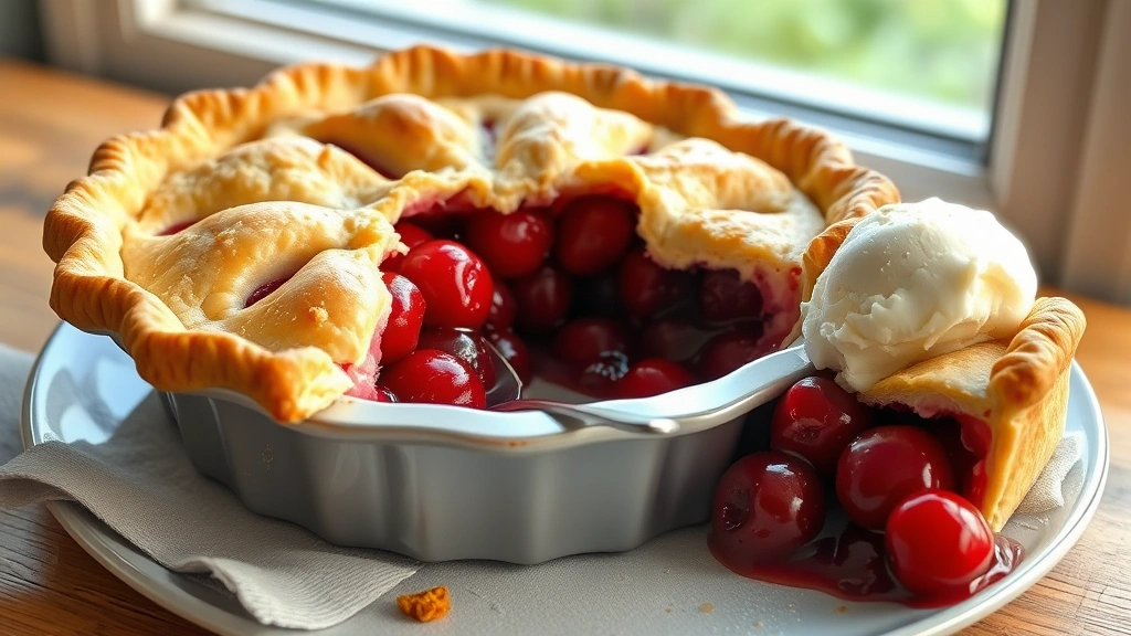hero: finished canned cherry pie with golden flaky crust and cherry filling visible through vents, slice removed showing deep red cherries, served with vanilla ice cream on the side, photorealistic, warm natural window light, no text