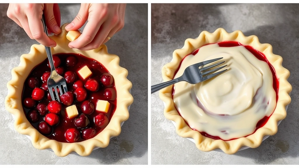 process: hands crimping pie crust edges with fork, cherry filling in dish with butter pieces, egg wash being brushed on top crust, photorealistic, bright natural light, no text