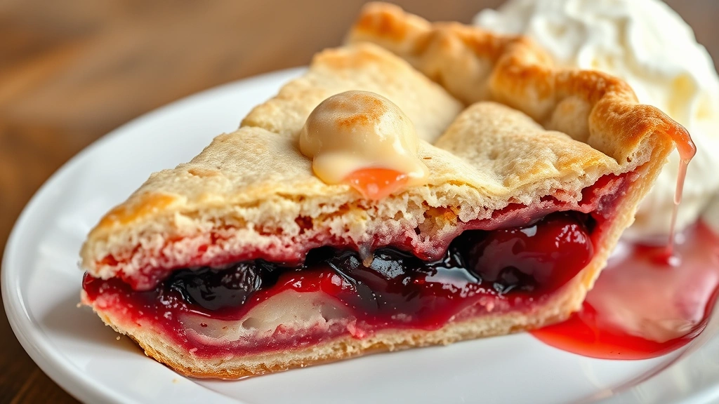 detail: close-up cross-section of pie slice showing layers of flaky crust and glossy dark red cherry filling, served on white plate with vanilla ice cream melting on side, photorealistic, soft natural light, no text