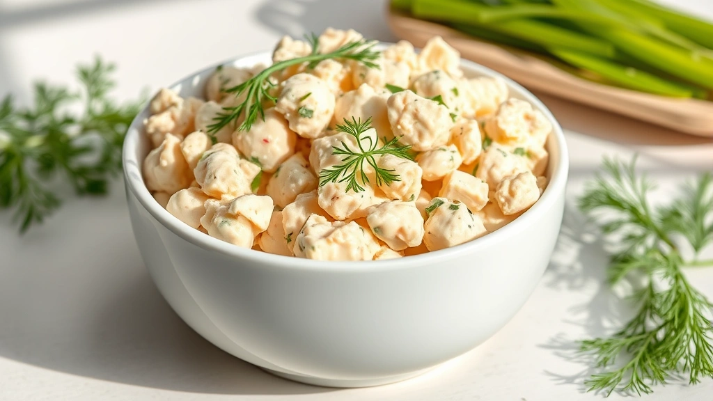 hero: creamy chicken salad in a white bowl garnished with fresh dill and celery, on a light background with natural sunlight, photorealistic, no text