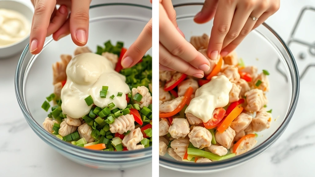 process: hands mixing drained canned chicken with mayonnaise and vegetables in a glass bowl, photorealistic, natural kitchen lighting, no text