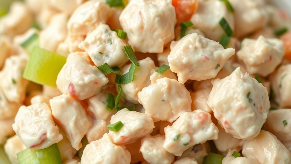detail: close-up of finished chicken salad showing texture with visible celery pieces and herb garnish, photorealistic, soft natural light, no text