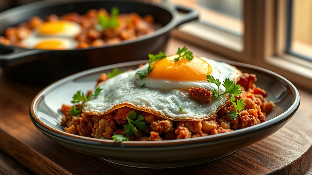 hero: rustic plated canned corned beef hash with fried egg on top, golden crispy edges, fresh parsley garnish, cast iron skillet background, warm natural window light, farmhouse breakfast setting, no text or watermarks