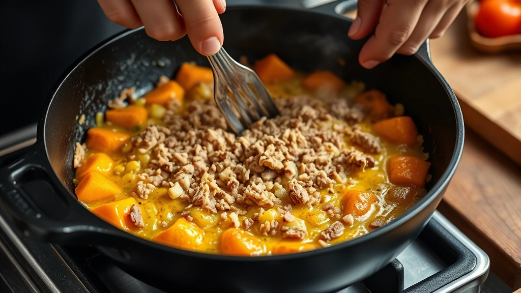 process: hands stirring hash in cast iron skillet showing golden crispy bottom crust, steam rising, vegetables and corned beef visible, professional kitchen lighting, close focus on texture, no text or watermarks